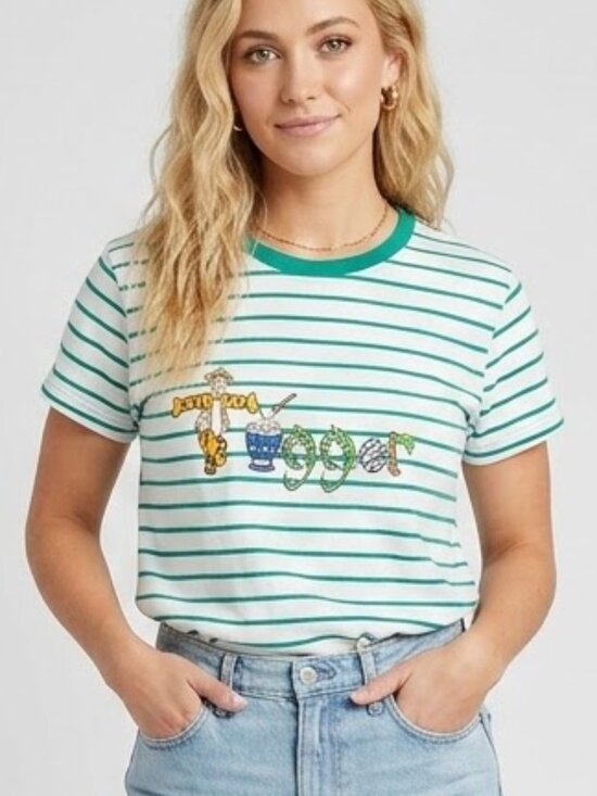 Disney Tops - Disney Tiger Embroidered Green Striped Vintage Short Sleeve Tee Size L